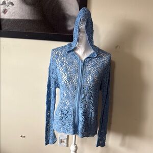 Blue Crochet Hooded Cardigan